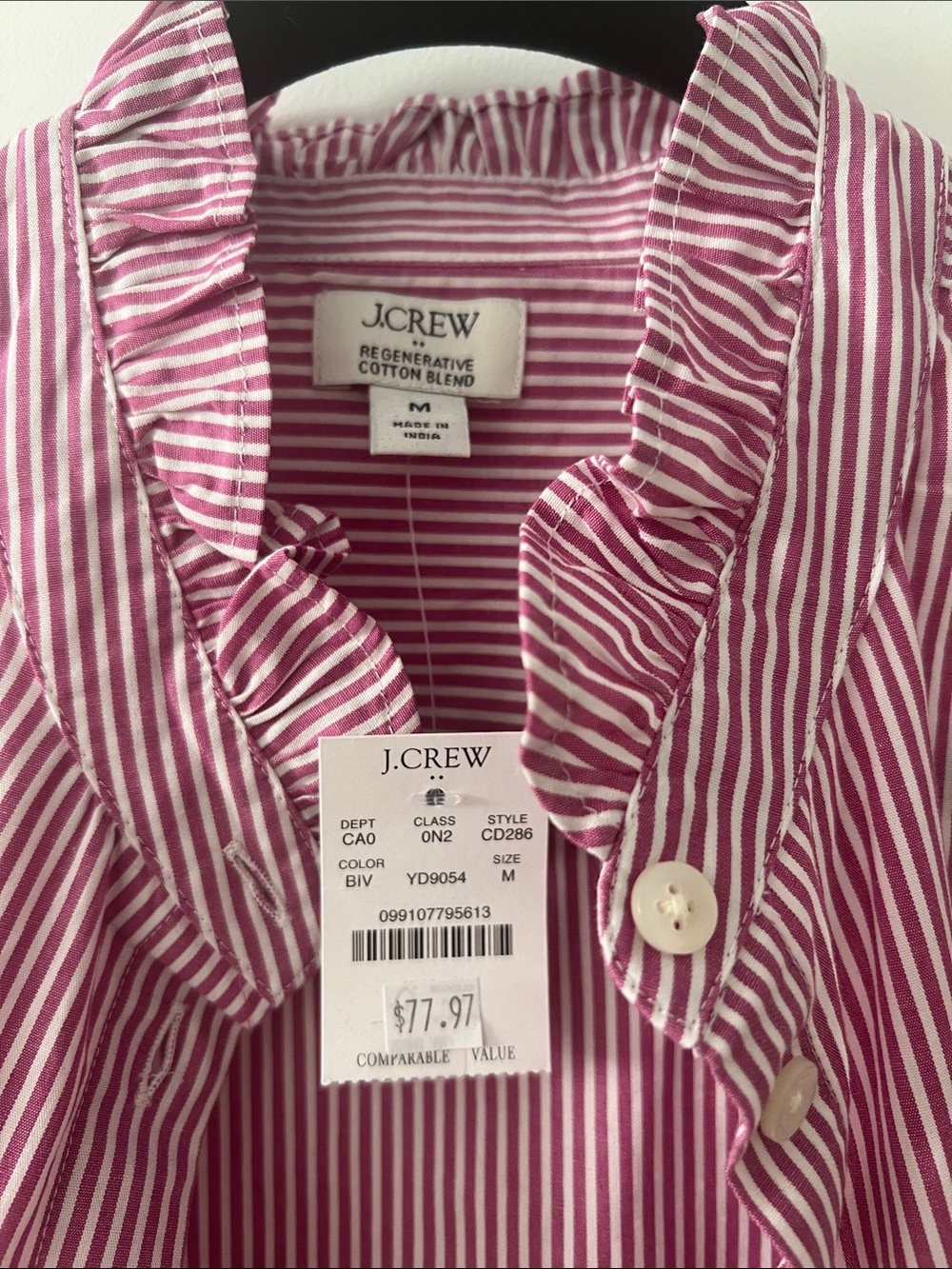 J.CREW Pink and White Striped Ruffle Button-Down Shirt